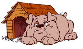 Surly dog lying outside dog house